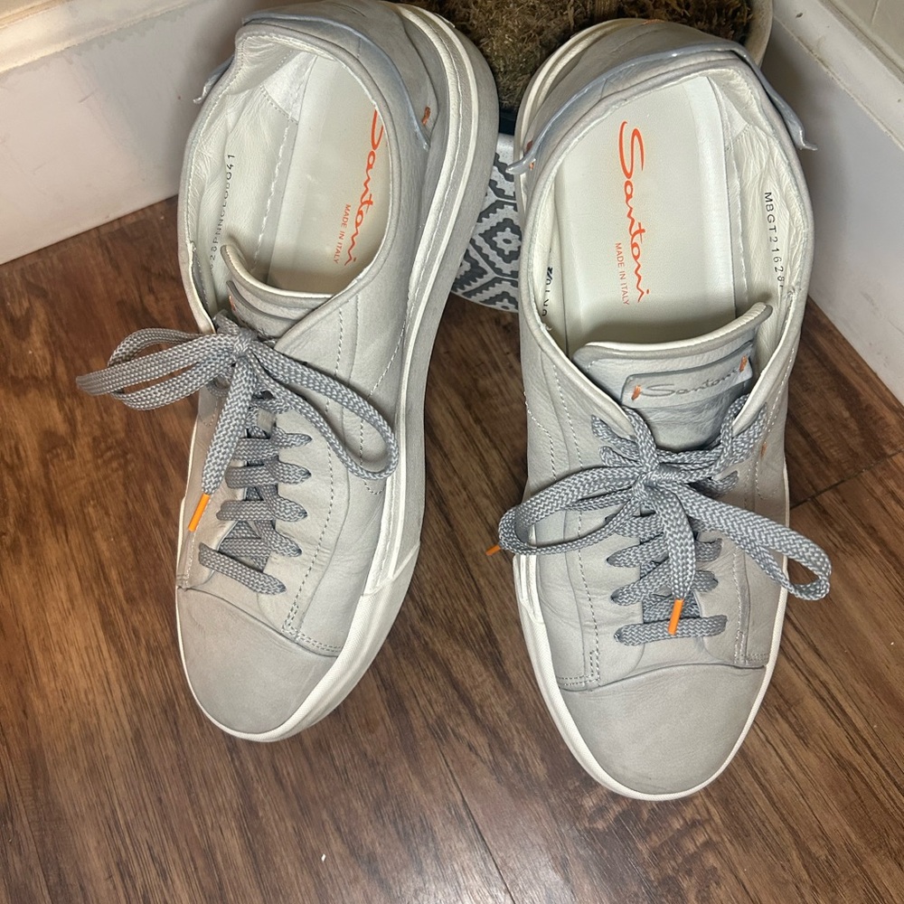 Santoni Light Gray Leather Sneakers with Orange Details